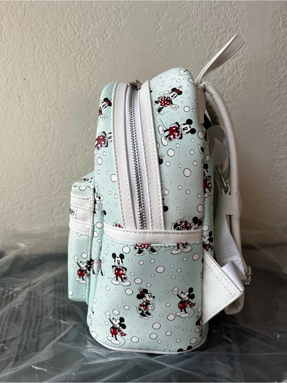 NWT Loungefly Disney Mickey & Minnie Mouse Snowball Fight AOP Mini Backpack